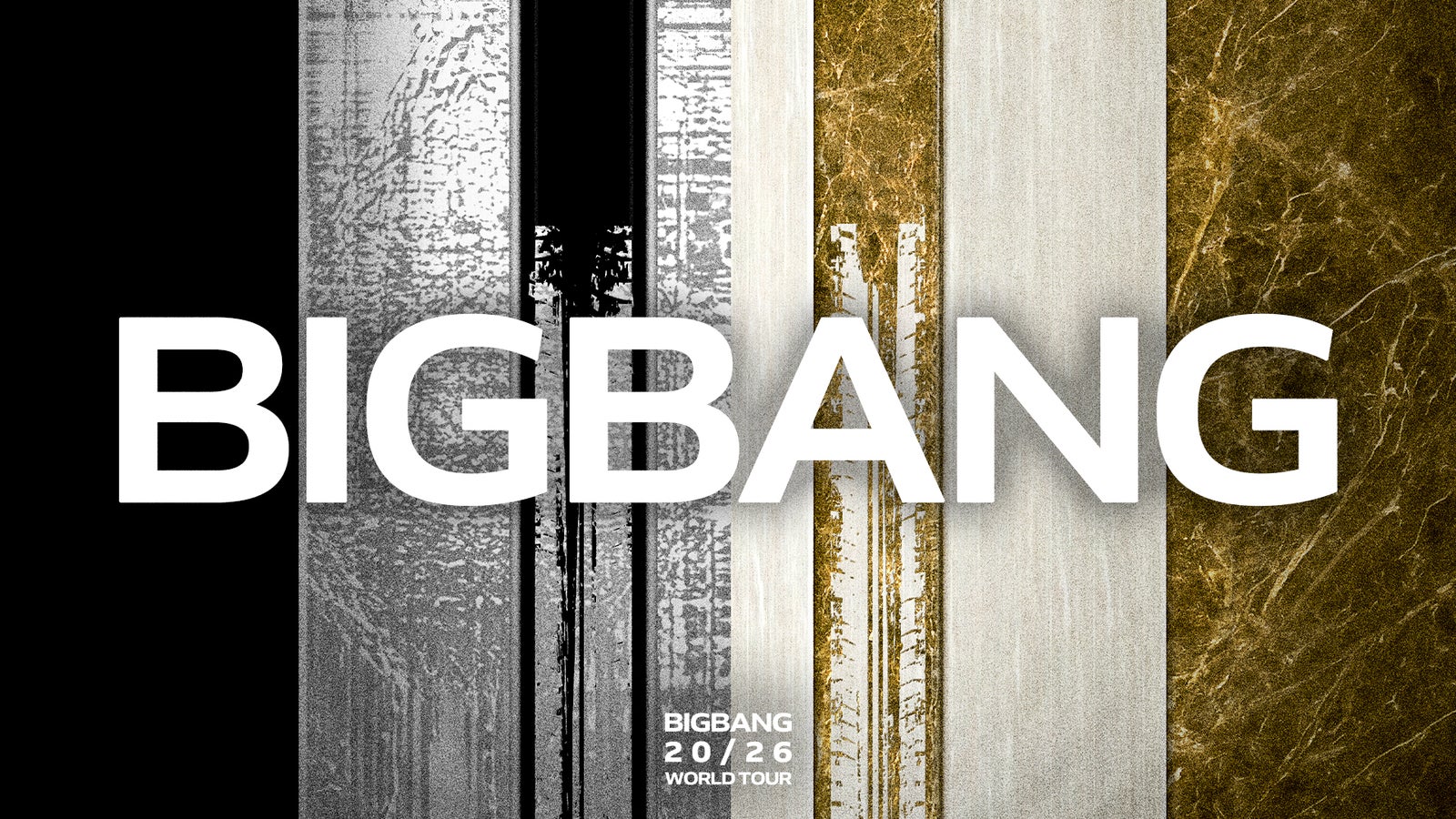 Official BIGBANG 20/26 World Tour artwork with the BIGBANG logo over black, silver and gold panels