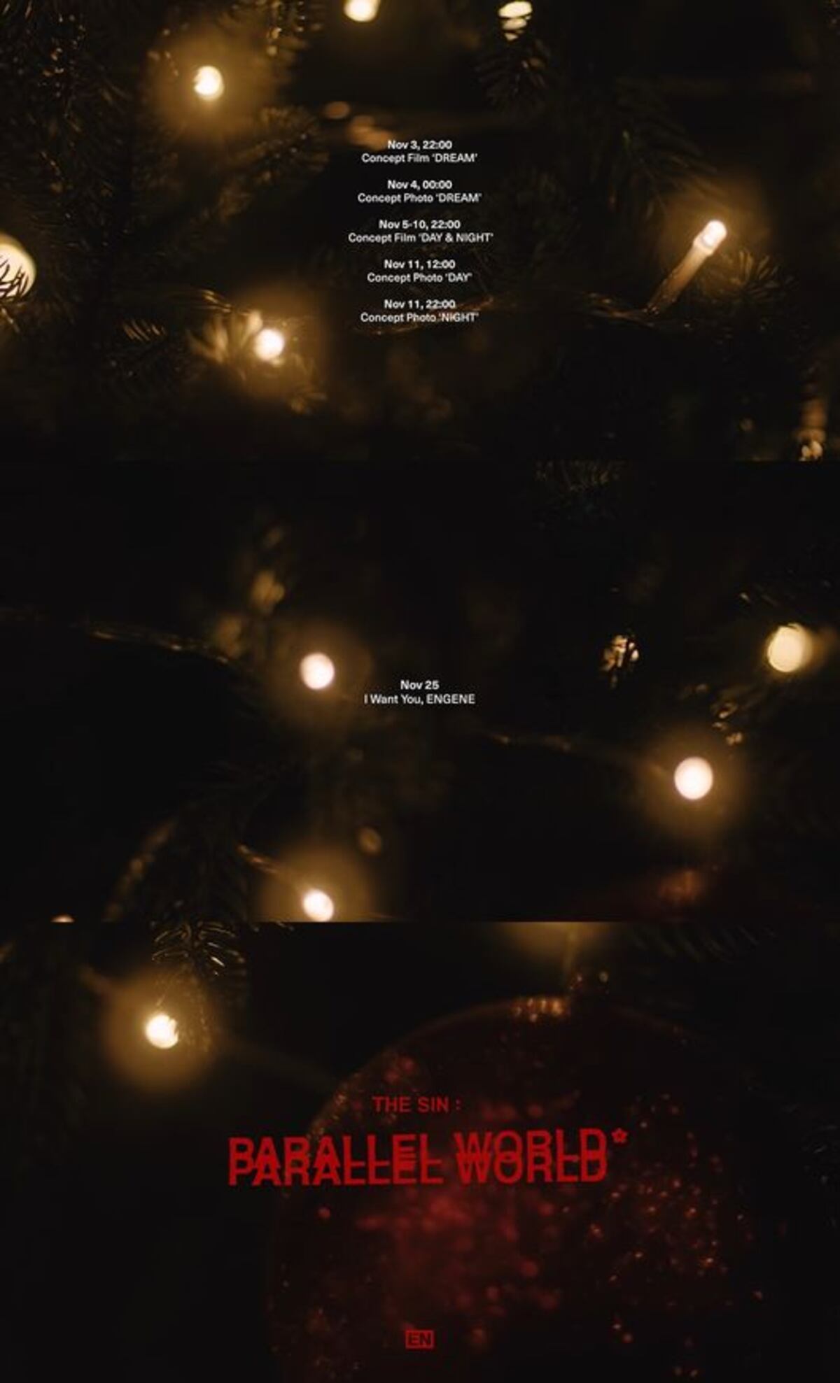 Stills from ENHYPEN's 'THE SIN : PARALLEL WORLD' promotion calendar showing glowing holiday lights, schedule dates and the red title logo