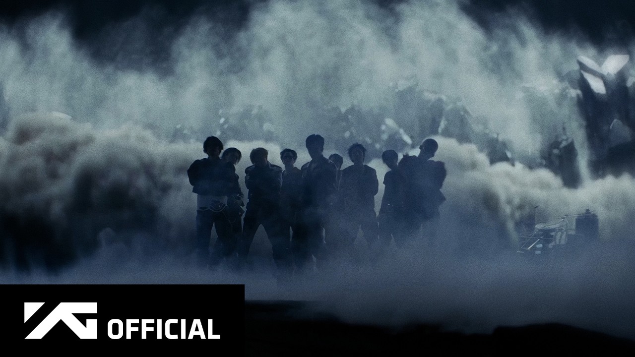 Still from TREASURE's official 'SHOCK' MV teaser showing the members silhouetted in smoke