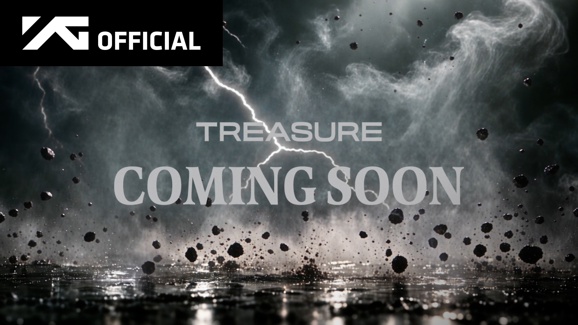 YG Entertainment 'TREASURE COMING SOON' teaser image with lightning and flying debris